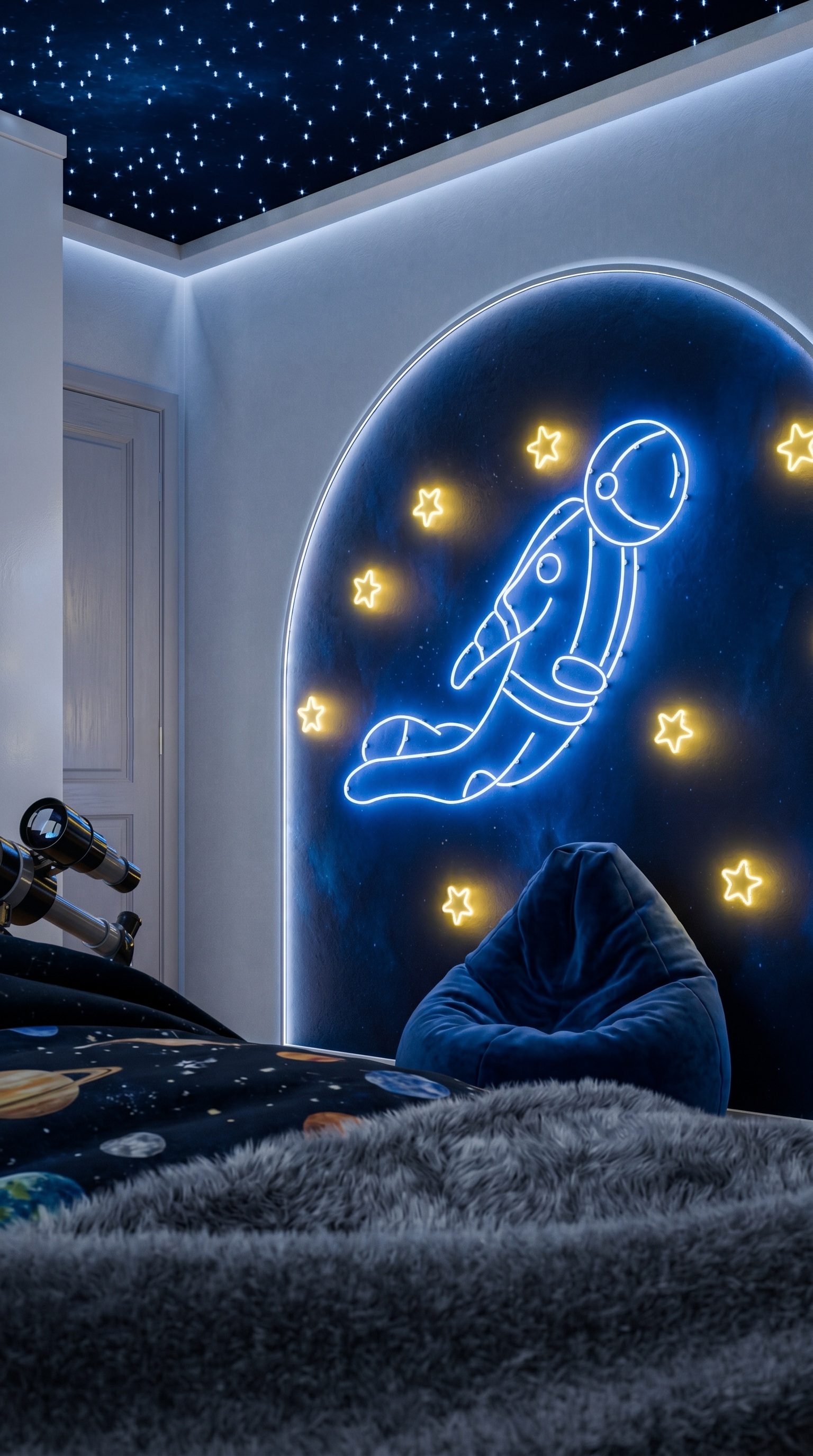 Parede iluminada com astronauta e teto estrelado no quarto infantil